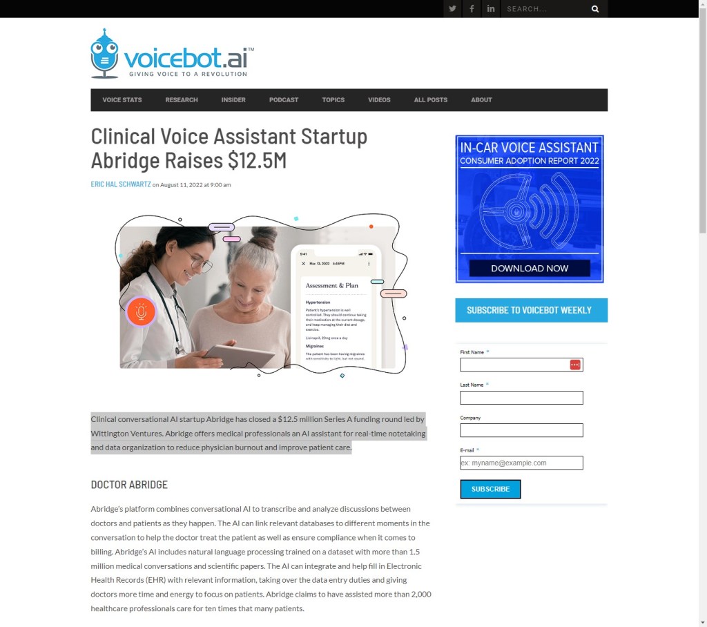 Clinical Voice Assistant Startup Abridge Raises&nbsp;$12.5M