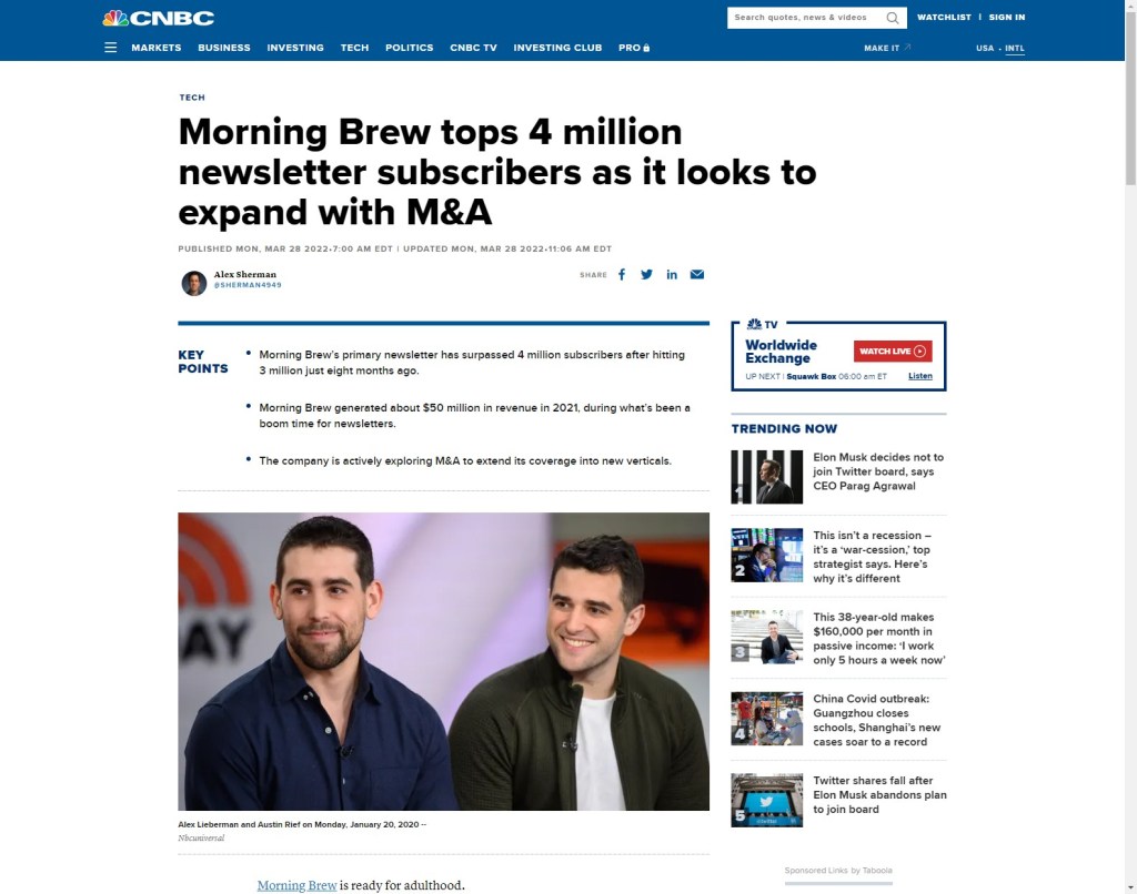 4 millions d&rsquo;inscrit pour Morning&nbsp;Brew