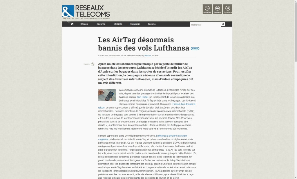 Les AirTag désormais bannis des vols Lufthansa