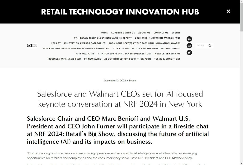 Marc Benioff de Salesforce et John Furner de Walmart discuteront de l&rsquo;IA à la NRF 2024 à New&nbsp;York