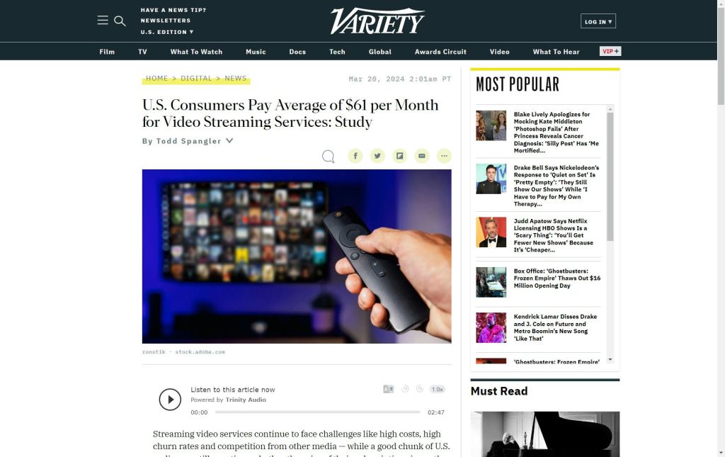 Les consommateurs américains paient en moyenne 61 $ par mois pour les services de streaming vidéo : étude